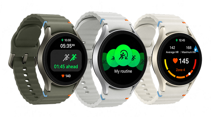 Three Galaxy Watch7 devices with different bands are lined up each displaying different features: Race with a text '01:45 ahead', exercise list and Personalized HR Zone with a Water Lock mode button.